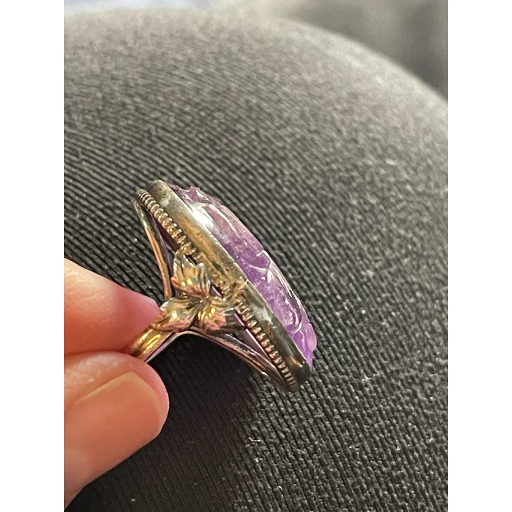 Vintage Hand Carved Amethyst Art Nouveau Silver Flower Ring Sterling 4.5